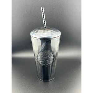 Starbucks Black Grey Marble Cold Cup Tumbler 16oz Faceted Lid 011161872 NEW